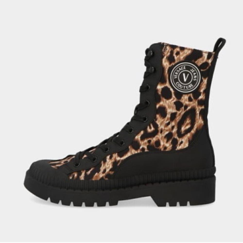 Versace Jeans Collection Black and Leopard Combat Boots